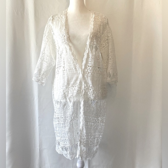 Other - White Lace Crochet 3/4 Sleeve Cover-Up Duster Cardigan Coastal Beach Resortwear